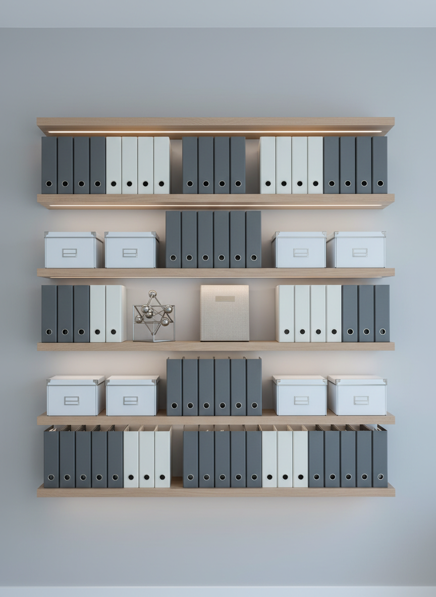 A structured arrangement of neutral gray and white binders, clean file boxes, and a modern ledger book with a textured linen cover, all aligned precisely on sleek floating shelves against a pale, matte wall. The shelves are accented by a simple geometric sculpture in brushed steel, underscoring a sense of order and refinement. Cool ambient artificial lighting produces even, shadow-free illumination, lending the scene a balanced and sophisticated corporate feel. Photographed straight-on at eye level with symmetric framing, the composition highlights impeccable organization. The image conveys a sense of seamless online management and reliability, supporting the accounting office’s dedication to detail and professionalism.