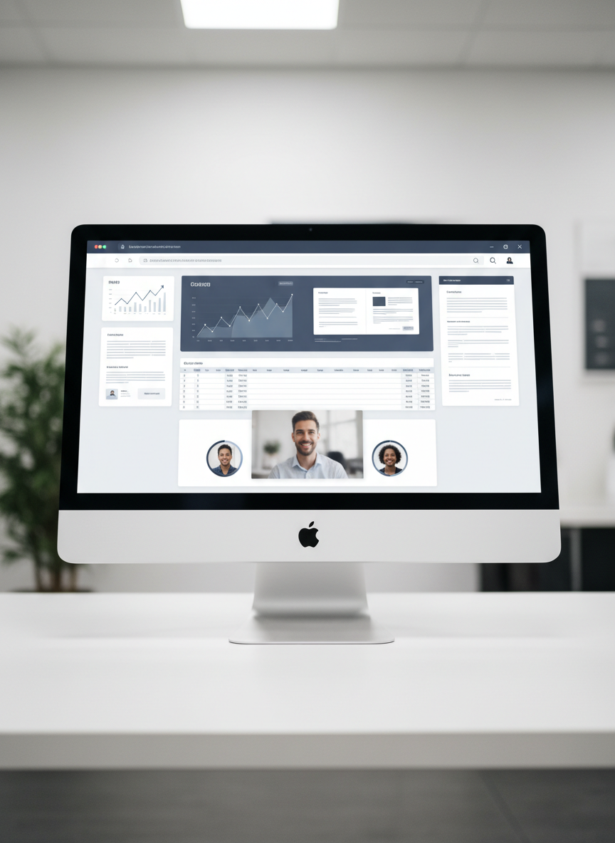 A tranquil online meeting interface displayed on a high-resolution monitor with a minimalist beveled frame, set atop an uncluttered matte white desk. The monitor’s screen shows a stylized corporate dashboard filled with clean graphs, spreadsheets, and digital documents, all in muted blue-gray palettes. Soft, indirect overhead lighting gently illuminates the desk’s surface and the edges of the monitor, creating a modern, serene work atmosphere. Captured from a front-facing, close-cropped perspective with a shallow depth of field that subtly blurs the background, the photo embodies digital efficiency and a professional, client-focused environment, aligning with the fully-online, personalized nature of the accounting office.
