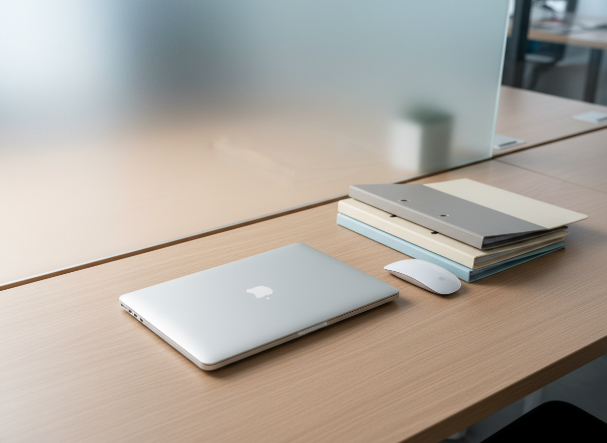 A meticulously arranged desktop workspace featuring a closed silver laptop with a crisp matte finish placed on a smooth, light oak desk. Beside the laptop, there are neatly stacked folders with neutral-toned covers and a minimalist white wireless mouse. Behind, a subtle frosted glass divider hints at a professional office environment. Soft diffused daylight filters through an unseen window, casting gentle shadows and subtle highlights across the clean surfaces. The mood is organized, calm, and highly professional, with an emphasis on clarity and focus. Captured from a slight overhead angle with balanced composition, the image exudes photographic realism and a clean, modern corporate aesthetic, reinforcing the values of efficiency and remote online service relevant to an accounting office.